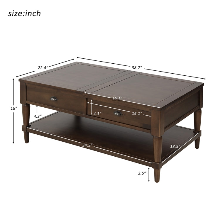 [US Warehouse] Top Wood Liftable Coffee Table with Drawer & Shelf, Size: 38.2 x 22.4 x 18 inch