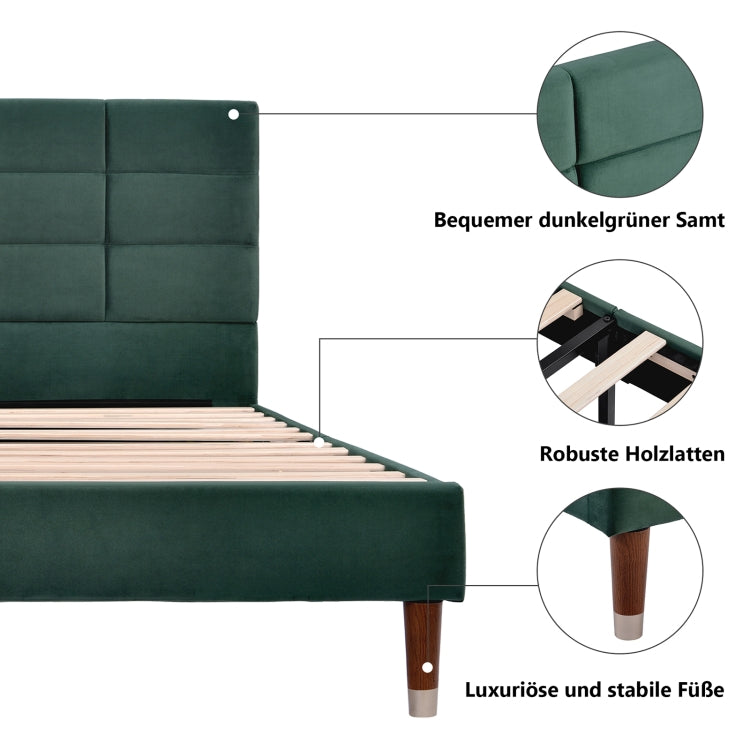 [EU Warehouse] Adult Steel Slatted Frame Double Bed with Flannel Headboard, Size: 209 x 141 x 101 cm(Dark Green)