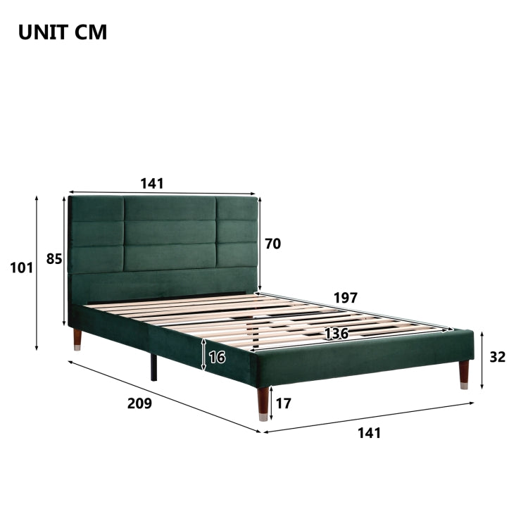 [EU Warehouse] Adult Steel Slatted Frame Double Bed with Flannel Headboard, Size: 209 x 141 x 101 cm(Dark Green)
