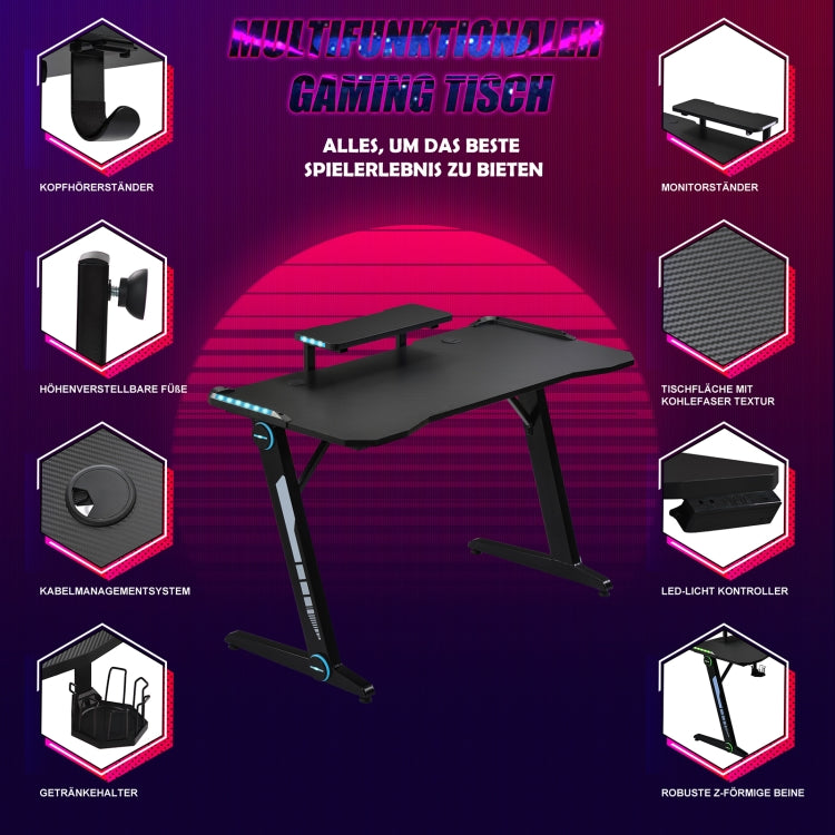 [EU Warehouse] Large Gaming Computer Table with LED Lighting & Monitor Stand & Cup Holder & Earphone Holder, Size: 120 x 89 x 60 cm