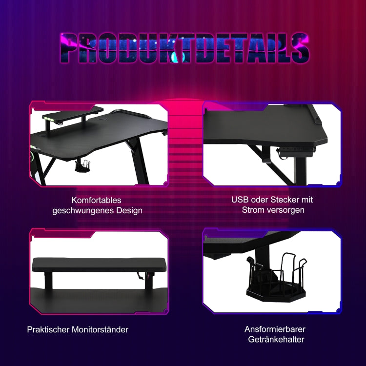 [EU Warehouse] Large Gaming Computer Table with LED Lighting & Monitor Stand & Cup Holder & Earphone Holder, Size: 120 x 89 x 60 cm