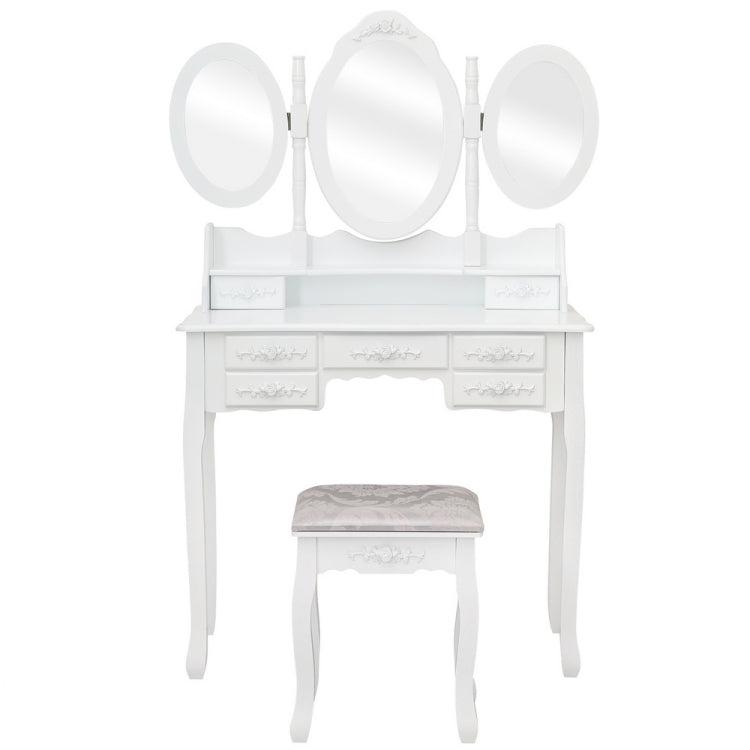 [US Warehouse] MDF Three-fold Mirror Dressing Table Set with Seven Drawers, Size: 90x40x147cm