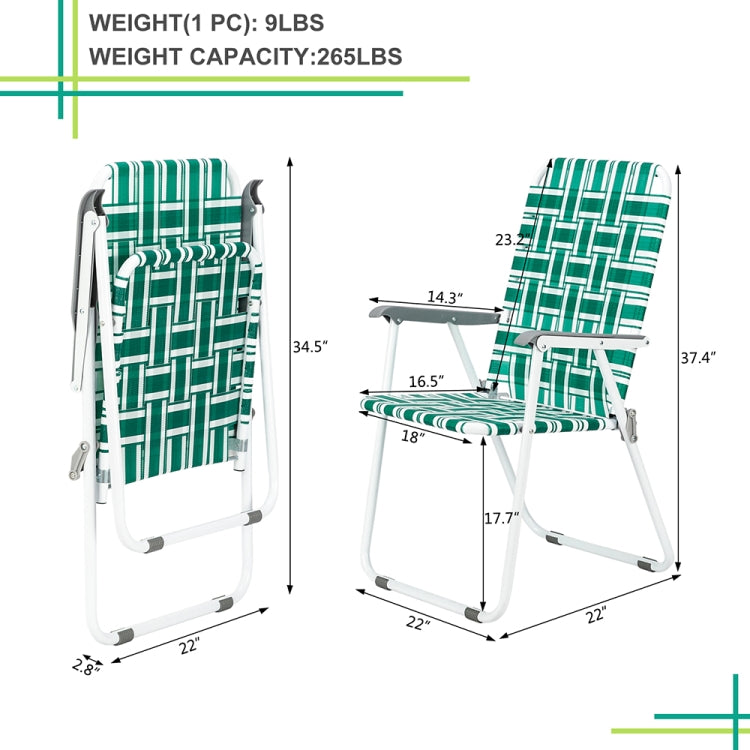 [US Warehouse] 2 PCS PP Webbing Check Pattern Foldable Beach Chair, Size: 37.4 x 22 x 22 inch(Light Green)