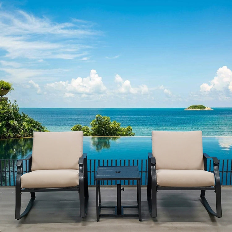 [US Warehouse] 3 in 1 Metal Coffee Table + 2 Rocking Chairs Outdoor Furniture Set
