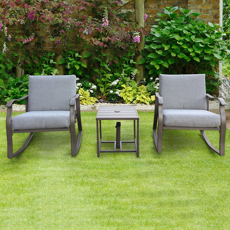 [US Warehouse] 3 in 1 Metal Coffee Table + 2 Rocking Chairs Outdoor Furniture Set