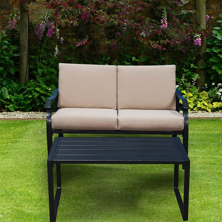 [US Warehouse] 2 in 1 Metal Frame Upholstered Two-seat Sofa Chair + Coffee Table Outdoor Furniture Set