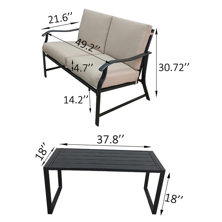 [US Warehouse] 2 in 1 Metal Frame Upholstered Two-seat Sofa Chair + Coffee Table Outdoor Furniture Set