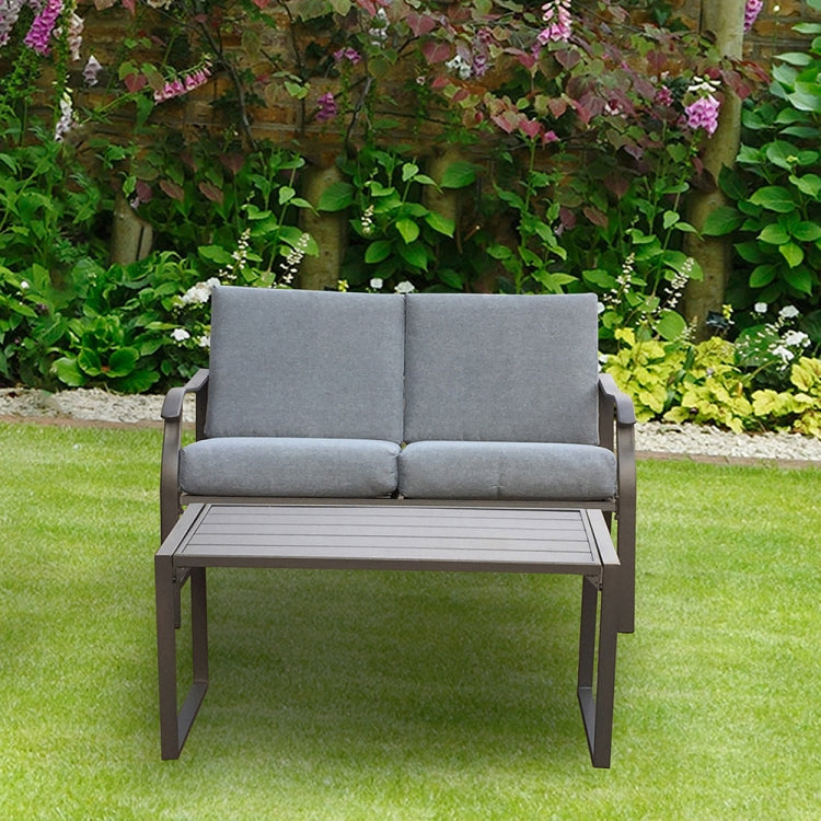 [US Warehouse] 2 in 1 Metal Frame Upholstered Two-seat Sofa Chair + Coffee Table Outdoor Furniture Set