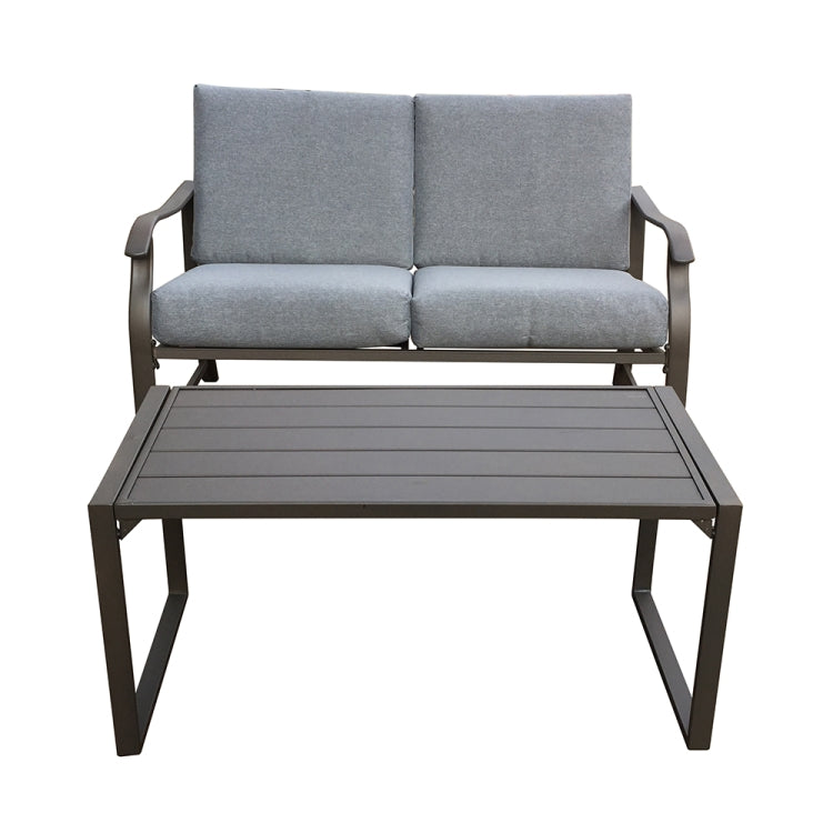[US Warehouse] 2 in 1 Metal Frame Upholstered Two-seat Sofa Chair + Coffee Table Outdoor Furniture Set