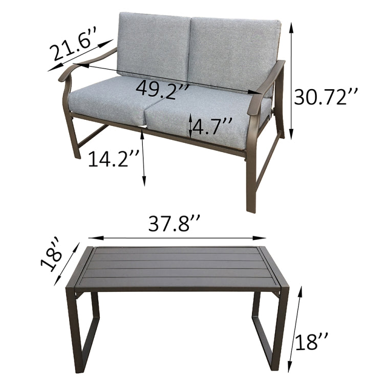 [US Warehouse] 2 in 1 Metal Frame Upholstered Two-seat Sofa Chair + Coffee Table Outdoor Furniture Set