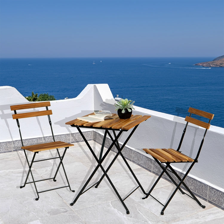 [US Warehouse] 3 in 1 Slatted Solid Wood Folding Table and Chair Set with Waterproof Cushion