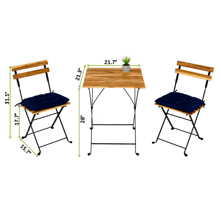 [US Warehouse] 3 in 1 Slatted Solid Wood Folding Table and Chair Set with Waterproof Cushion