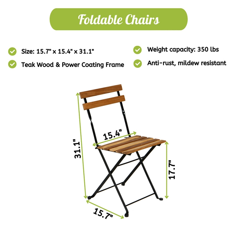 [US Warehouse] 2 PCS Slatted Solid Teak Wood Folding Chairs Set with Waterproof Cushions