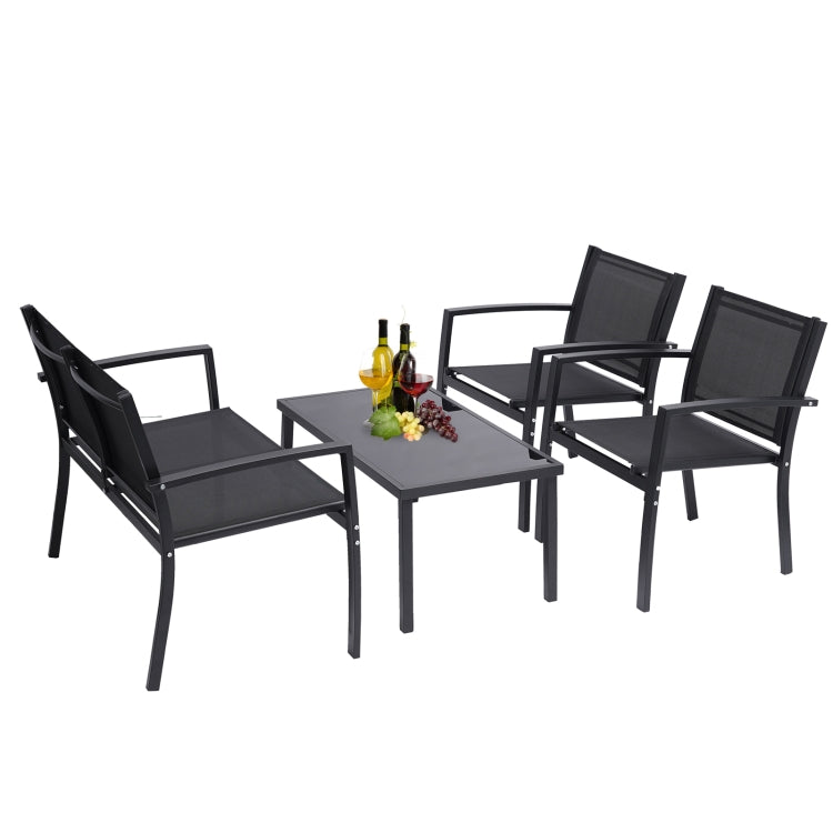 [US Warehouse] 4 PCS / Set Outdoor Garden Porch Furniture Patio Chairs + Glass Coffee Table Set (Black)