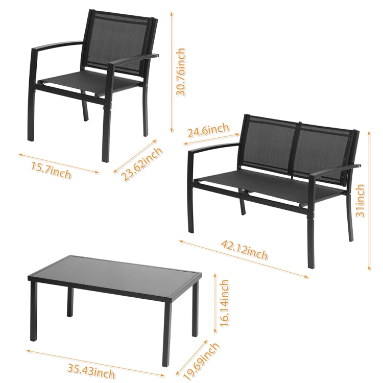 [US Warehouse] 4 PCS / Set Outdoor Garden Porch Furniture Patio Chairs + Glass Coffee Table Set (Black)