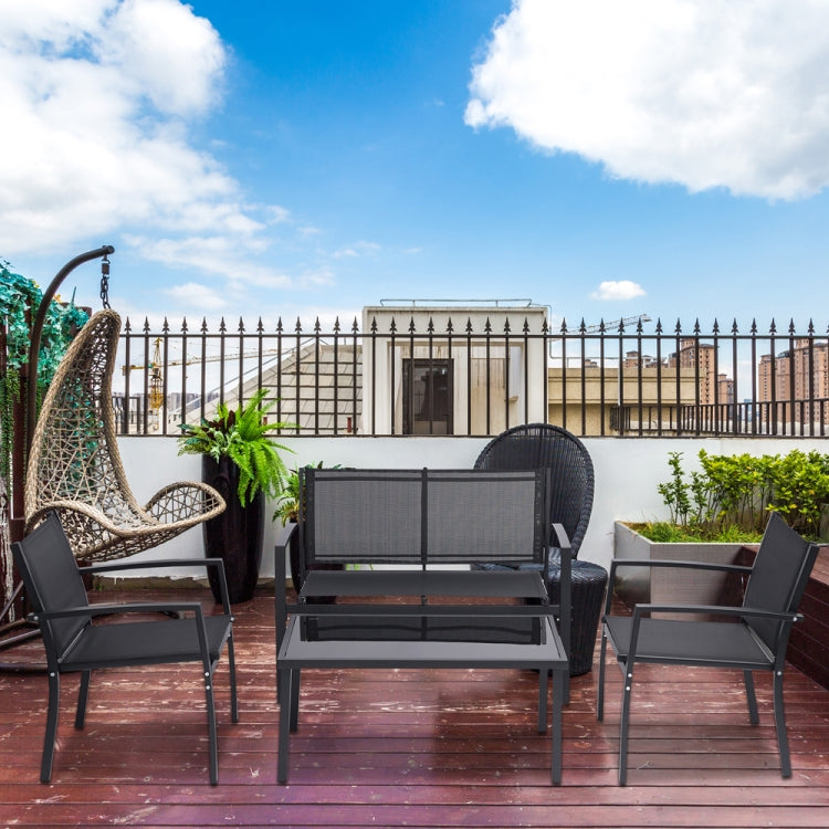 [US Warehouse] 4 PCS / Set Outdoor Garden Porch Furniture Patio Chairs + Glass Coffee Table Set (Black)