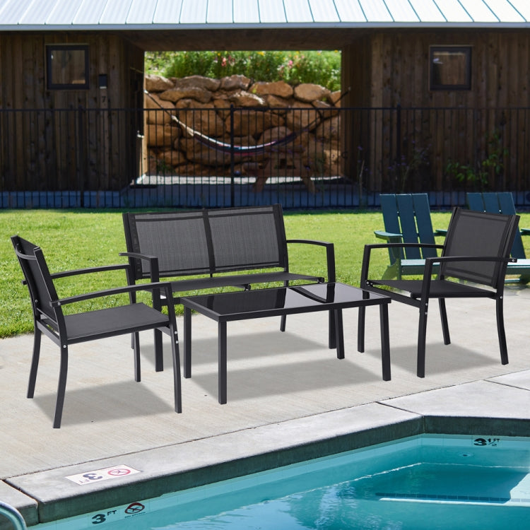 [US Warehouse] 4 PCS / Set Outdoor Garden Porch Furniture Patio Chairs + Glass Coffee Table Set (Black)