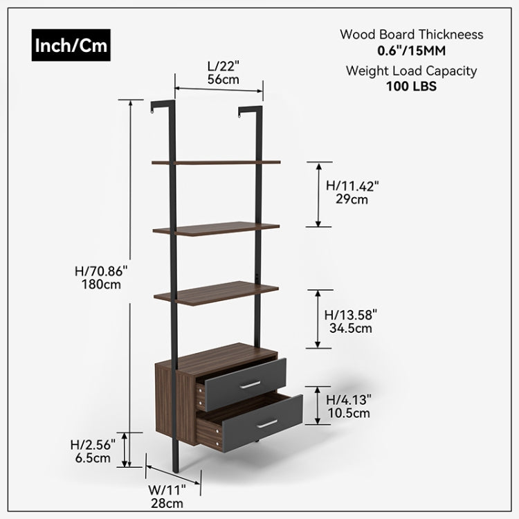 [US Warehouse] Wall-mounted Walnut Ladder Bookcase with 2 Drawers, Size: 180 x 56 x 28cm