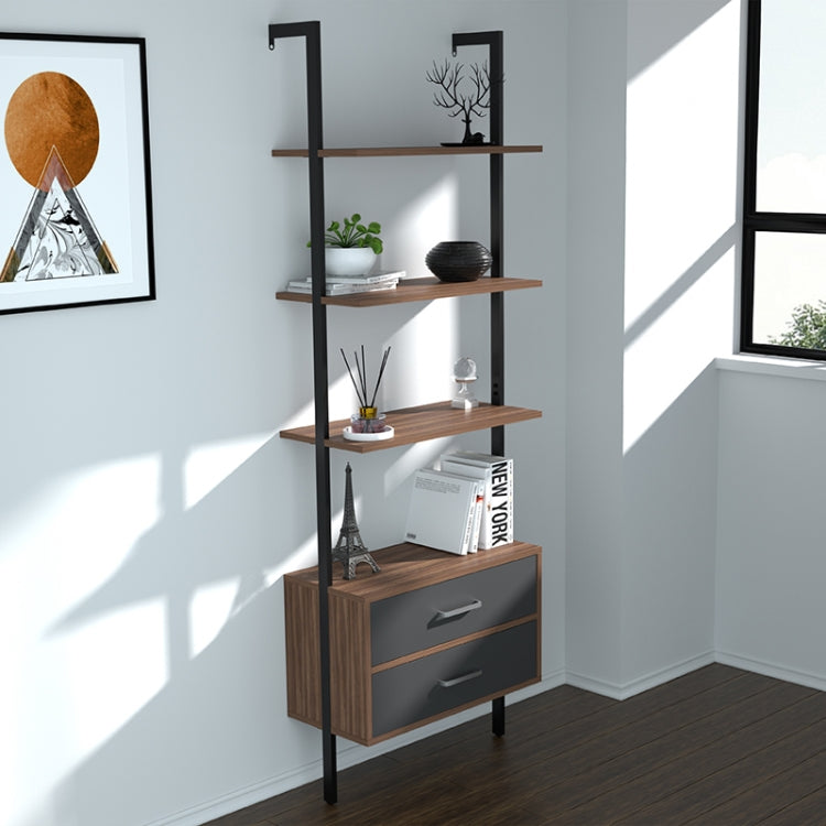 [US Warehouse] Wall-mounted Walnut Ladder Bookcase with 2 Drawers, Size: 180 x 56 x 28cm