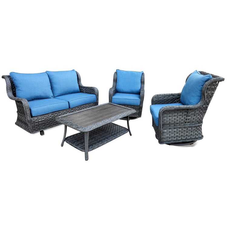 [US Warehouse] 4 in 1 Wicker Woven Double Chair + Coffee Table + 2 Single Chairs Outdoor Furniture Set