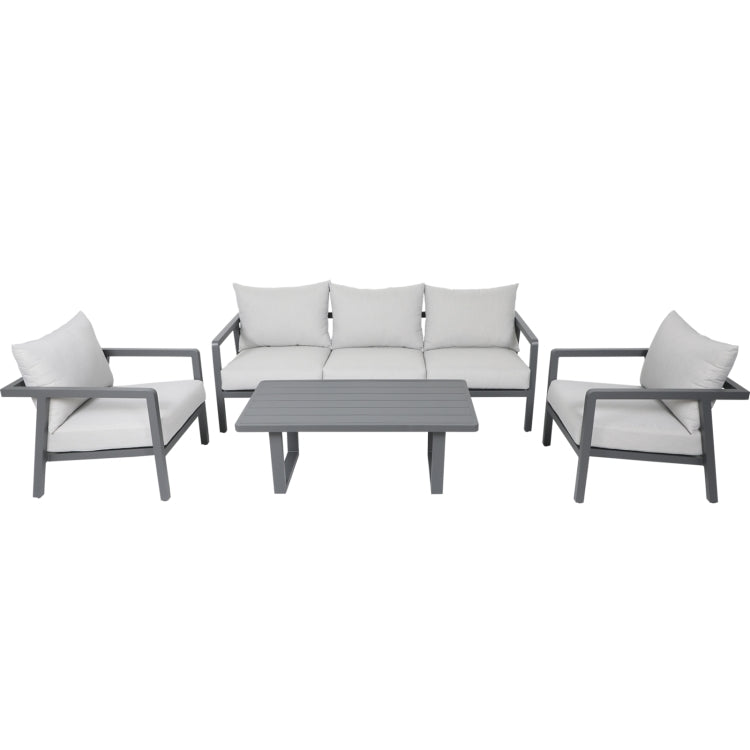 [US Warehouse] 4 in 1 Three-seat Sofa + Coffee Table + 2 Single Sofa Chairs Aluminum Patio Sofa Set