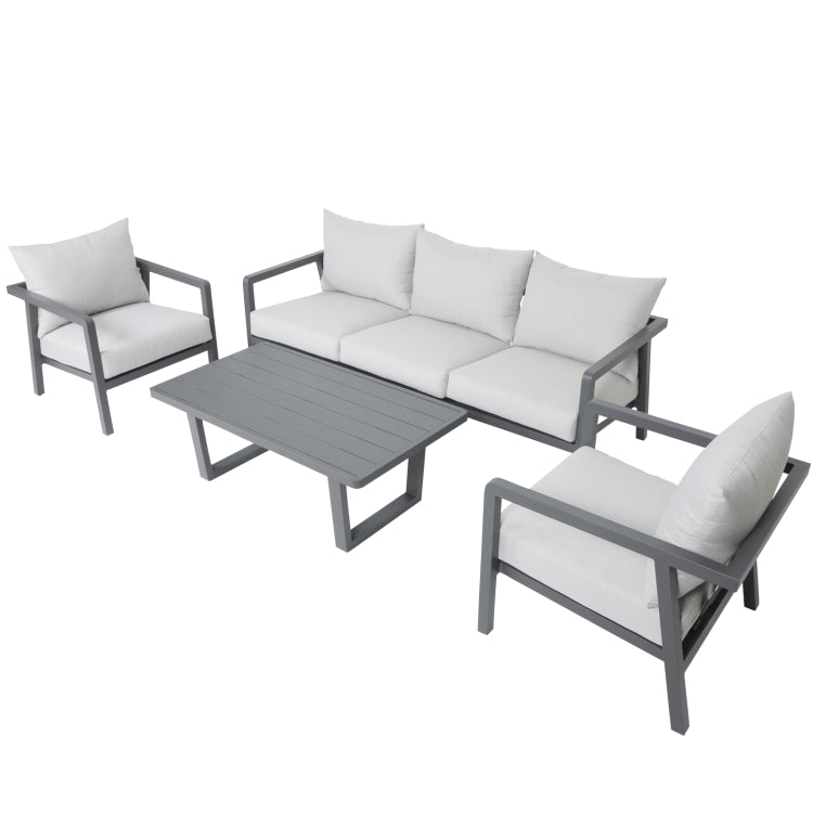 [US Warehouse] 4 in 1 Three-seat Sofa + Coffee Table + 2 Single Sofa Chairs Aluminum Patio Sofa Set