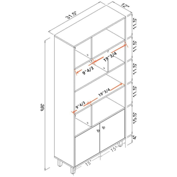 [US Warehouse] 5-layer Wooden Bookshelf with Double Doors, Size: 68 x 31.5 x 12 inch