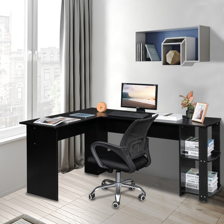 [US Warehouse] L-Shaped Wood Office Computer Desk with Two-layer Bookshelves, Size: 134 x 50 x 70cm