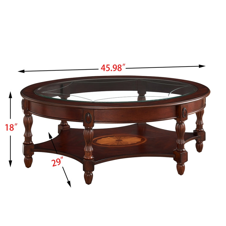 [US Warehouse] Wooden Round Tempered Glass Table with Shelves, Size: 45.98 x 45.98 x 18 inch