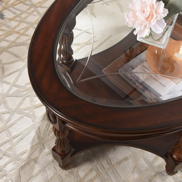 [US Warehouse] Wooden Round Tempered Glass Table with Shelves, Size: 45.98 x 45.98 x 18 inch