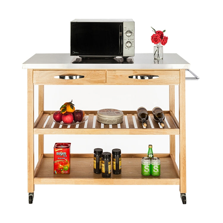 [US Warehouse] 360 Degree Universal Wheel Movable Stainless Steel Table Top Shelf Dining Trolley with 2 Drawers & 2 Shelves,Size: 112 x 52 x 93cm(Wood)