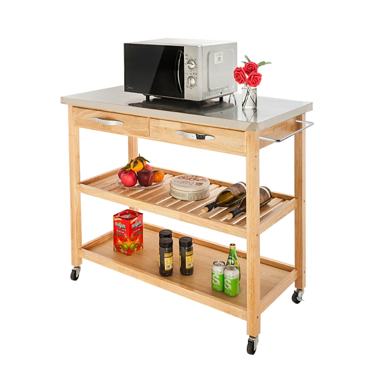 [US Warehouse] 360 Degree Universal Wheel Movable Stainless Steel Table Top Shelf Dining Trolley with 2 Drawers & 2 Shelves,Size: 112 x 52 x 93cm(Wood)