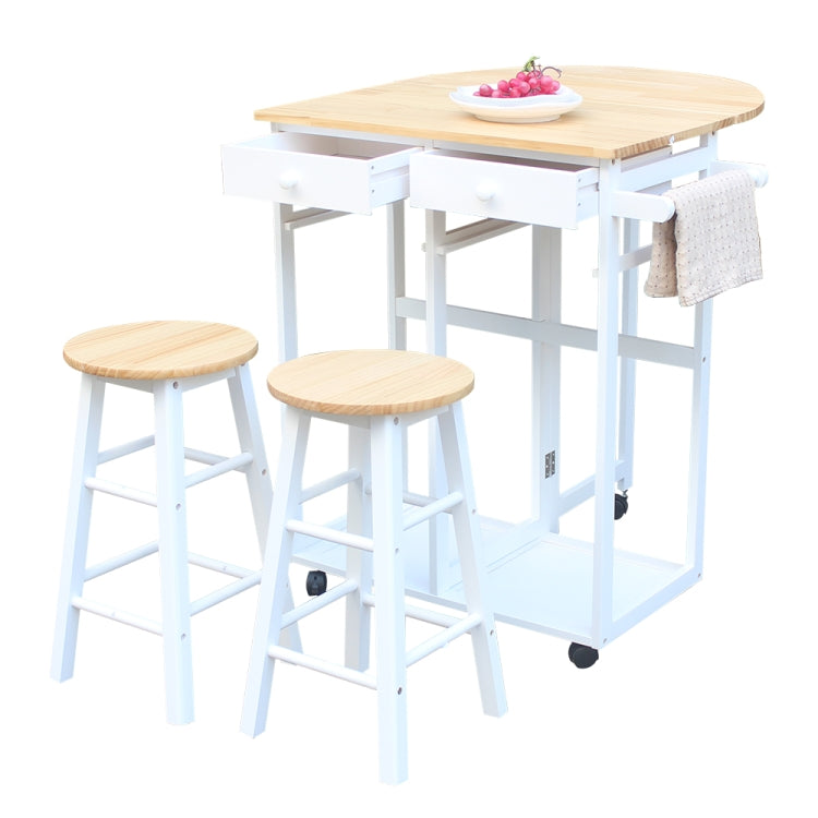 [US Warehouse] Foldable Semi-circular Solid Wood Dining Car with 2 Round Stools, Size: 81.5 x 39.5 x 83cm(White)