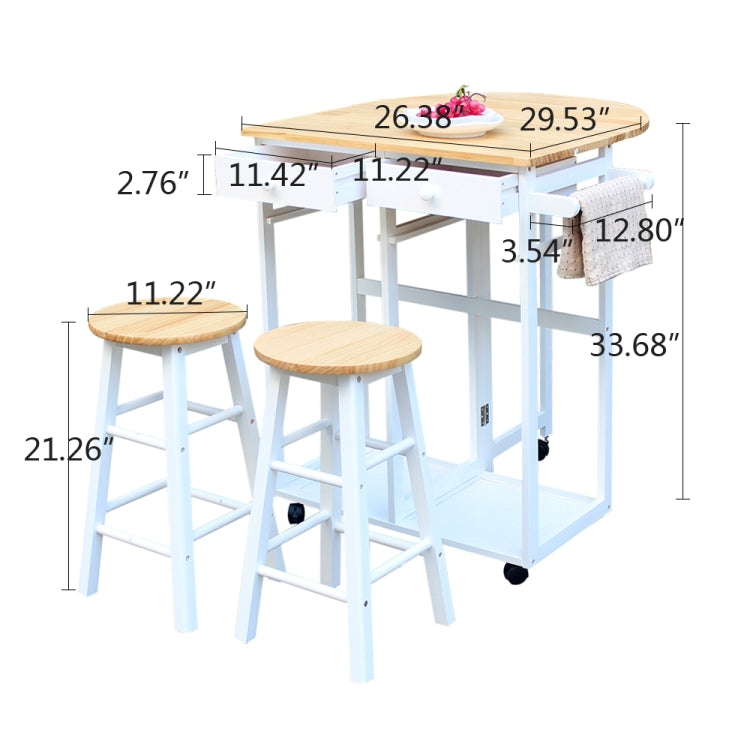 [US Warehouse] Foldable Semi-circular Solid Wood Dining Car with 2 Round Stools, Size: 81.5 x 39.5 x 83cm(White)