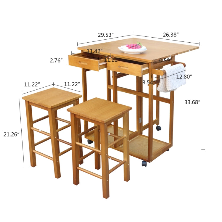 [US Warehouse] Foldable Square Solid Wood Dining Car with 2 Square Stools, Size: 81.5 x 39.5 x 83cm(Brown)