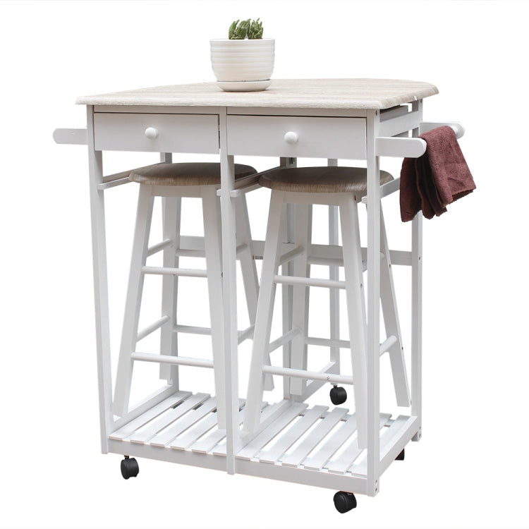 [US Warehouse] Foldable Semicircular Wooden Handle Dining Cart with 2 Round Stools, Size: 81.5 x 39.5 x 83cm(White)