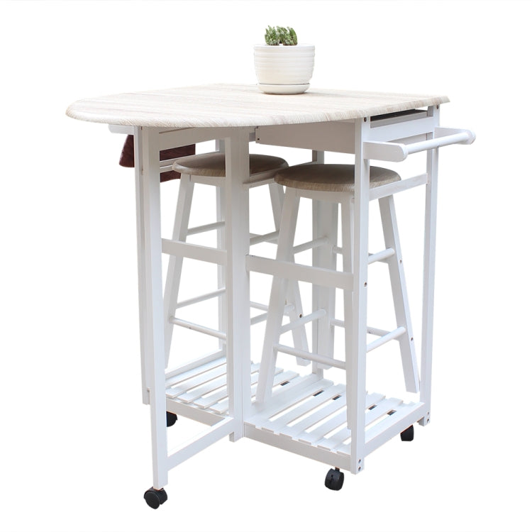 [US Warehouse] Foldable Semicircular Wooden Handle Dining Cart with 2 Round Stools, Size: 81.5 x 39.5 x 83cm(White)