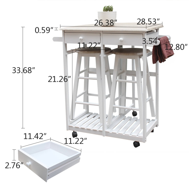 [US Warehouse] Foldable Semicircular Wooden Handle Dining Cart with 2 Round Stools, Size: 81.5 x 39.5 x 83cm(White)