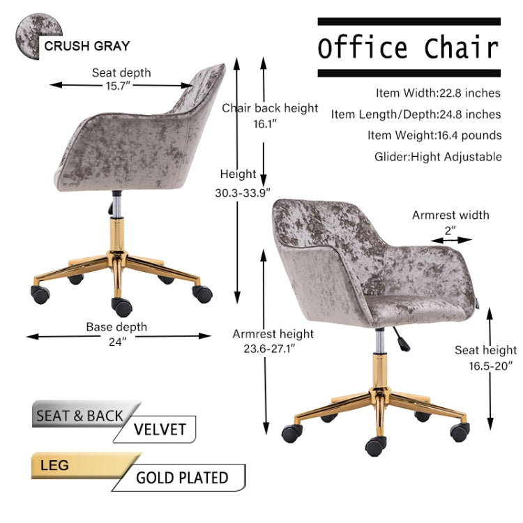 [US Warehouse] Home Office Simple Fashion Velvet Chair with Gold Metal Legs (Grey Crush)