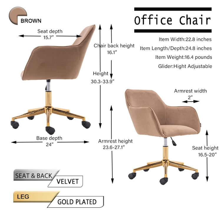 [US Warehouse] Home Office Simple Fashion Velvet Chair with Gold Metal Legs (Brown)