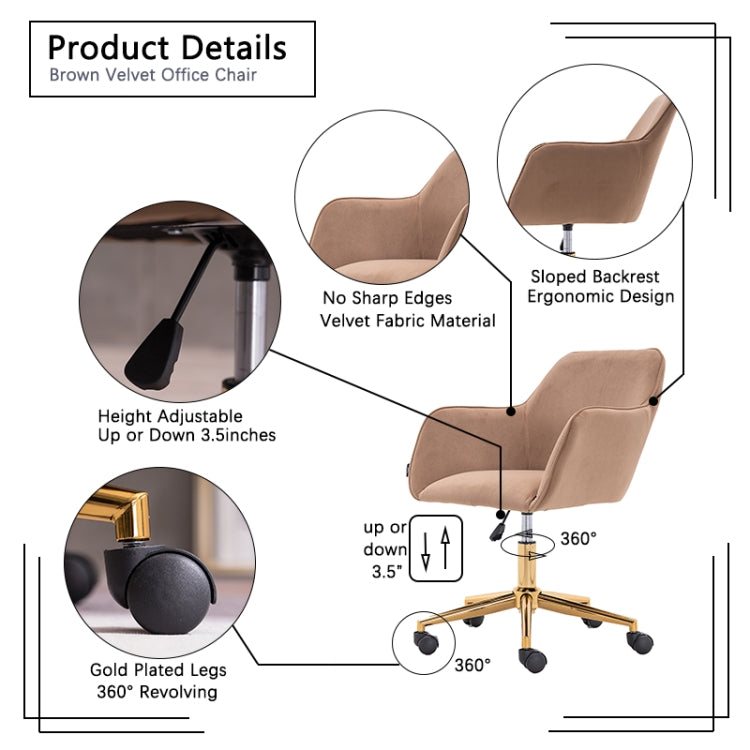 [US Warehouse] Home Office Simple Fashion Velvet Chair with Gold Metal Legs (Brown)