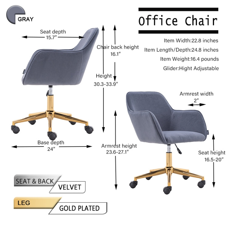 [US Warehouse] Home Office Simple Fashion Velvet Chair with Gold Metal Legs (Grey)