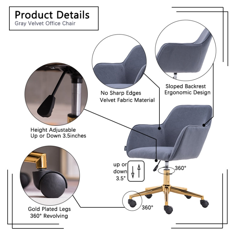 [US Warehouse] Home Office Simple Fashion Velvet Chair with Gold Metal Legs (Grey)
