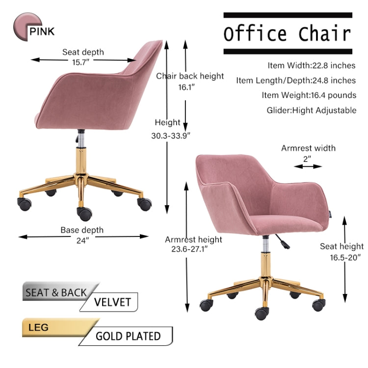 [US Warehouse] Home Office Simple Fashion Velvet Chair with Gold Metal Legs (Pink)