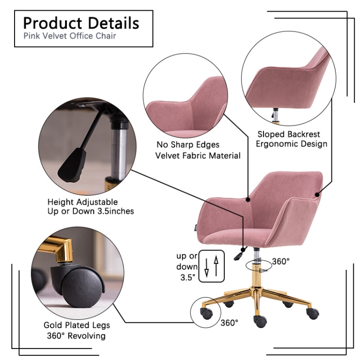 [US Warehouse] Home Office Simple Fashion Velvet Chair with Gold Metal Legs (Pink)