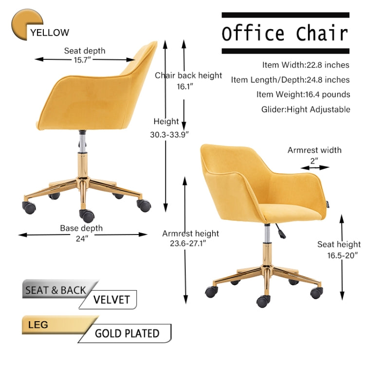 [US Warehouse] Home Office Simple Fashion Velvet Chair with Gold Metal Legs (Yellow)