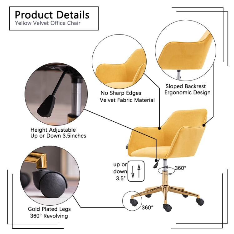 [US Warehouse] Home Office Simple Fashion Velvet Chair with Gold Metal Legs (Yellow)