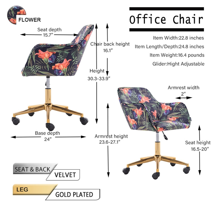 [US Warehouse] Home Office Simple Fashion Velvet Chair with Gold Metal Legs (Flower)