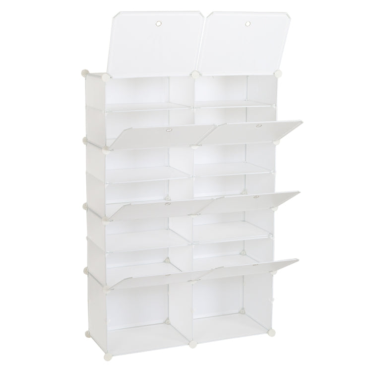 [US Warehouse] 2 Rows 7 Layers 14 Grids Free Assembly DIY Lattice Shoe Rack Organizer Storage Rack Tower Shelf Storage Cabinet Stand (White)