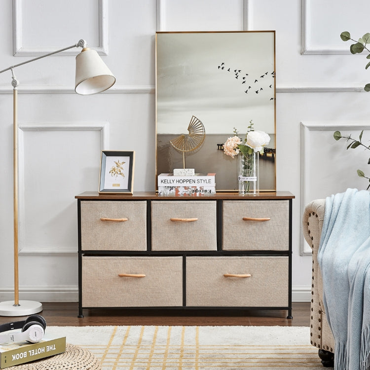 [US Warehouse] Household 5 Drawers Horizontal Dresser Organizer Storage Cabinet (Linen)